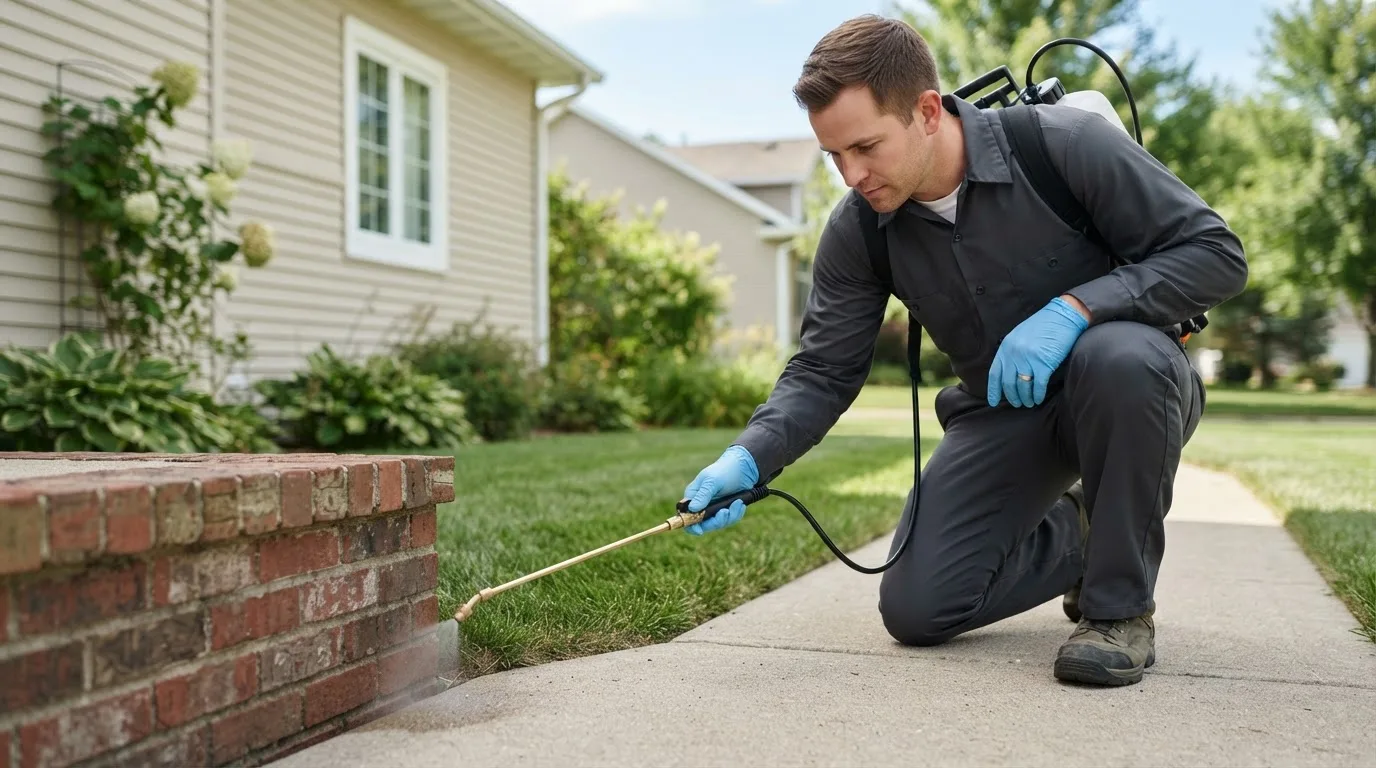 Pest control technician treating a home near Etlan, VA